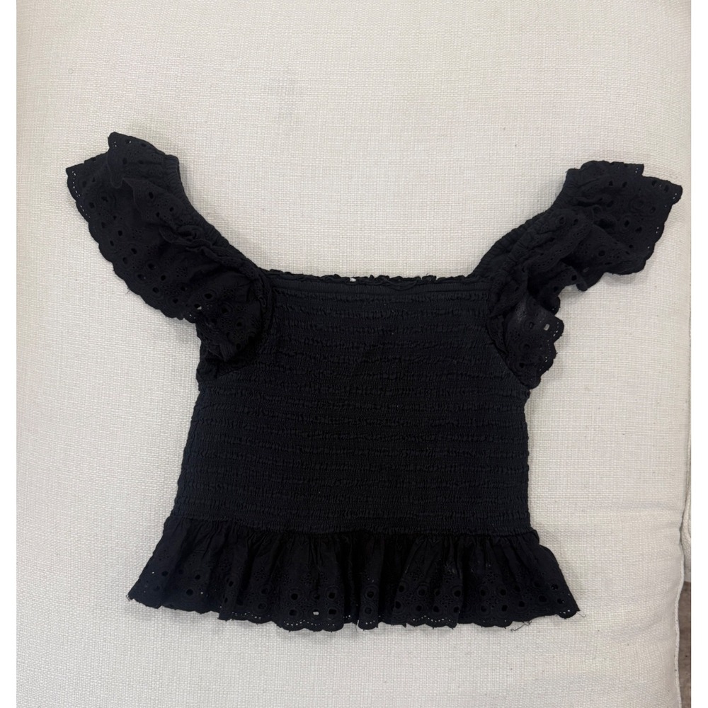 House of Harlow 1960 Top Womens Large Black Smocked Eyelet Ruffle Excellent